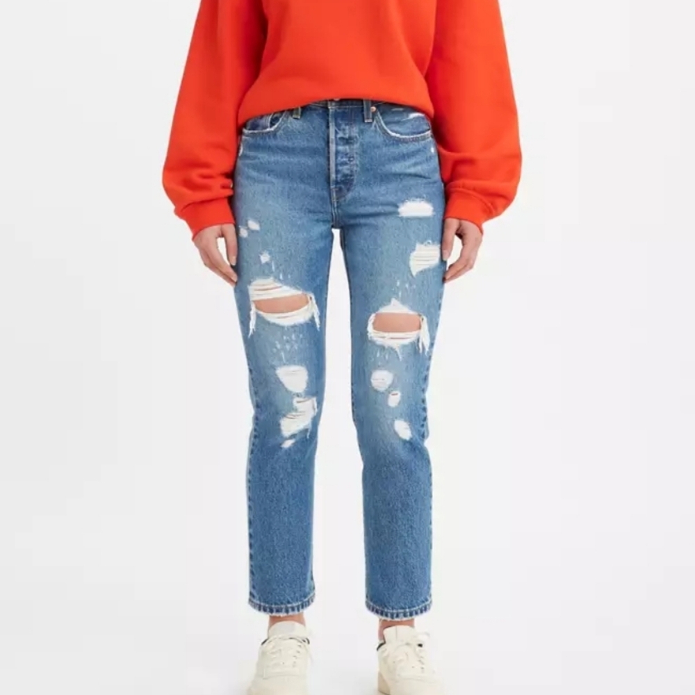 Levis Crop Premium Blue Distressed Women Jeans